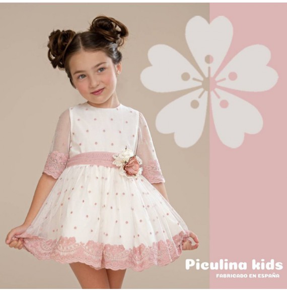 Vestido tul bordado flores manga francesa niña PICULINA KIDS